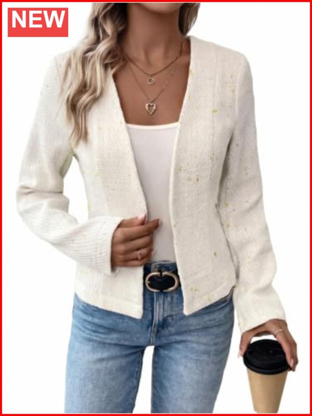 Women's Tweed Blazer Open Front Long Sleeve Collarless